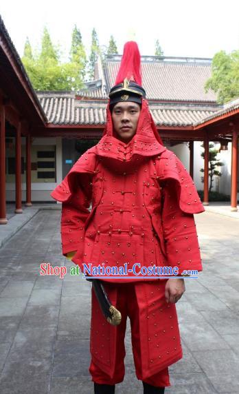 Traditional China Beijing Opera Qing Dynasty General Costume Helmet and Armour, Ancient Chinese Peking Opera Manchu Imperial Bodyguard Warrior Red Clothing