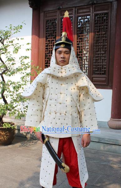 Traditional China Beijing Opera Qing Dynasty General Costume Helmet and Armour, Ancient Chinese Peking Opera Manchu Imperial Bodyguard Warrior White Clothing