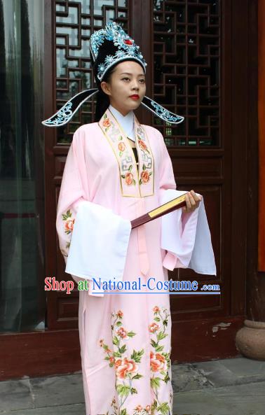 Top Grade Professional Beijing Opera Niche Costume Scholar Pink Embroidered Robe, Traditional Ancient Chinese Peking Opera Embroidery Gwanbok Clothing