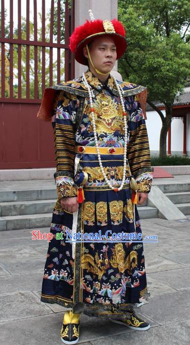 Traditional China Beijing Opera Qing Dynasty Emperor Costume Black Embroidered Robe, Ancient Chinese Peking Opera Manchu Embroidery Dragon Clothing