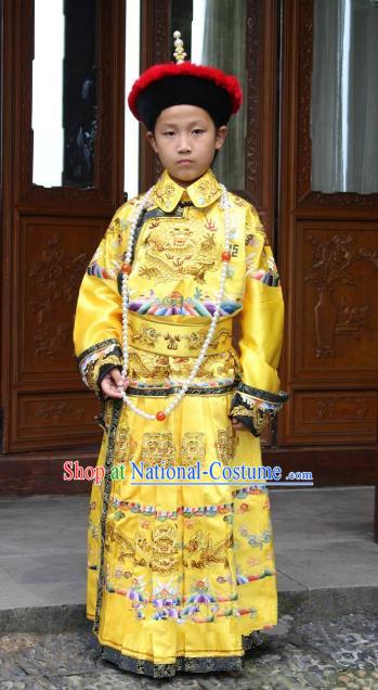 Traditional China Beijing Opera Qing Dynasty Emperor Costume Children Embroidered Robe, Chinese Peking Opera Manchu King Embroidery Dragon Clothing for Kids