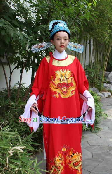 Top Grade Professional Beijing Opera Niche Costume Lang Scholar Red Embroidered Robe and Hat, Traditional Ancient Chinese Peking Opera Embroidery Clothing