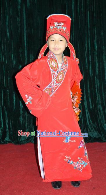 Top Grade Professional Beijing Opera Niche Costume Red Embroidered Robe, Traditional Ancient Chinese Peking Opera Lang Scholar Embroidery Clothing for Kids