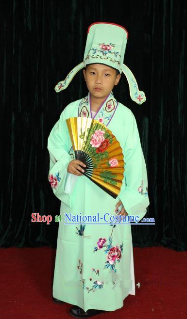 Top Grade Professional Beijing Opera Niche Costume Green Embroidered Robe, Traditional Ancient Chinese Peking Opera Lang Scholar Embroidery Clothing for Kids