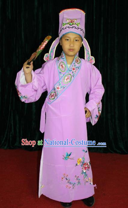 Top Grade Professional Beijing Opera Niche Costume Pink Embroidered Robe, Traditional Ancient Chinese Peking Opera Lang Scholar Embroidery Clothing for Kids