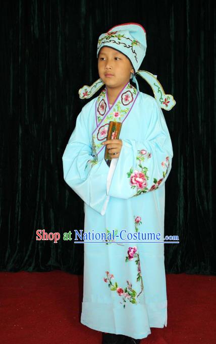 Top Grade Professional Beijing Opera Niche Costume Blue Embroidered Robe, Traditional Ancient Chinese Peking Opera Lang Scholar Embroidery Clothing for Kids