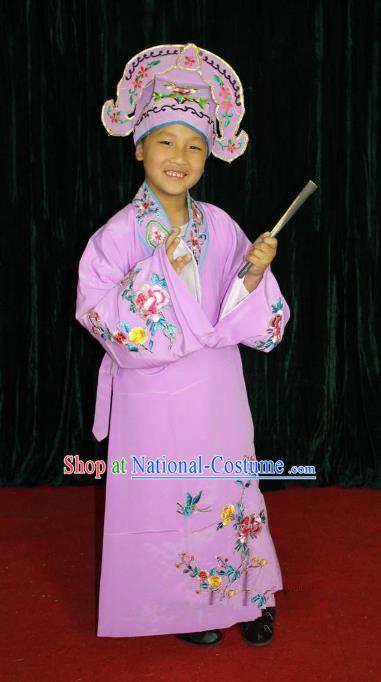 Top Grade Professional Beijing Opera Niche Costume Young Men Purple Embroidered Robe, Traditional Ancient Chinese Peking Opera Scholar Embroidery Clothing for Kids