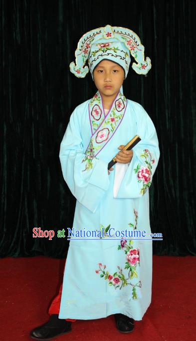 Top Grade Professional Beijing Opera Niche Costume Young Men Blue Embroidered Robe, Traditional Ancient Chinese Peking Opera Scholar Embroidery Clothing for Kids