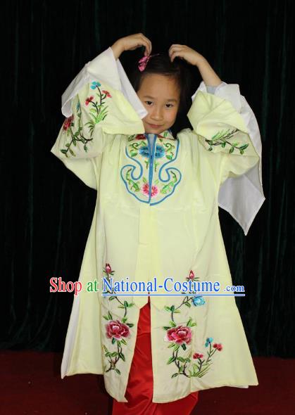 Top Grade Professional Beijing Opera Princess Costume Hua Tan Yellow Embroidered Cape, Traditional Ancient Chinese Peking Opera Diva Embroidery Clothing for Kids