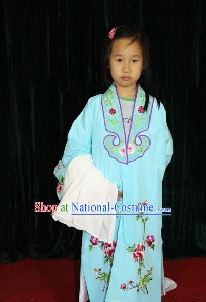 Top Grade Professional Beijing Opera Princess Costume Hua Tan Blue Embroidered Cape, Traditional Ancient Chinese Peking Opera Diva Embroidery Clothing for Kids