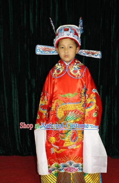 Top Grade Professional Beijing Opera Costume Red Embroidered Robe, Traditional Ancient Chinese Peking Opera Royal Highness Embroidery Gwanbok Clothing for Kids