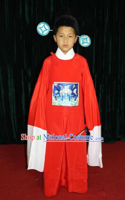 Top Grade Professional Beijing Opera Costume Red County Magistrate Embroidered Robe, Traditional Ancient Chinese Peking Opera Embroidery Gwanbok Clothing for Kids