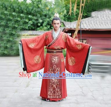 Traditional Chinese Ancient Qin Dynasty Prince Embroidered Wedding Costume, China Han Dynasty Majesty Embroidery Dragon Hanfu Red Robe Clothing