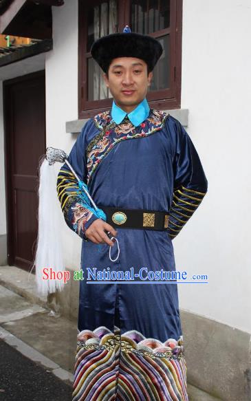 Top Grade Professional Beijing Opera Costume Qing Dynasty County Magistrate Navy Embroidered Robe, Traditional Ancient Chinese Peking Opera Manchu Minister Embroidery Gwanbok Clothing