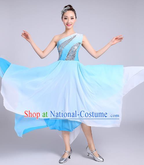 Traditional Chinese Modern Dance Yangge Fan Dance Costume, Chinese Classical Umbrella Dance Blue Dress Yangko Embroidery Clothing for Women