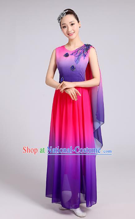 Traditional Chinese Modern Dance Yangge Fan Dance Costume, Chinese Classical Umbrella Dance Purple Dress Yangko Embroidery Clothing for Women