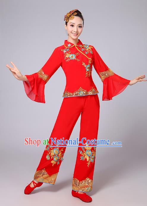 Traditional Chinese Folk Dance Costume Yangge Dance Red Mandarin Sleeve Uniform, Chinese Classical Fan Dance Umbrella Dance Yangko Embroidery Clothing for Women