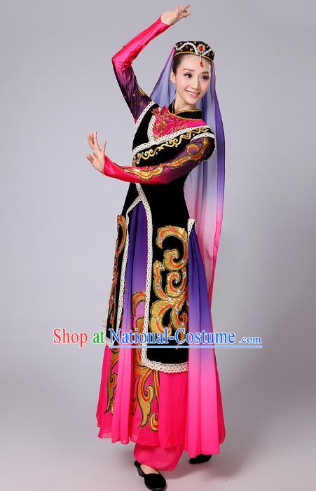 Traditional Chinese Uyghur Nationality Dancing Costume, Folk Dance Ethnic Dress Chinese Minority Nationality Uigurian Dance Clothing for Women