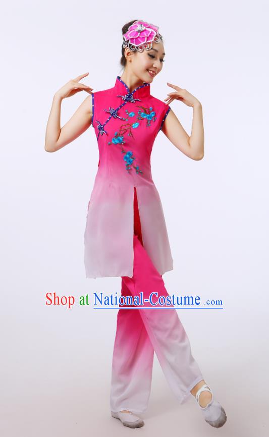 Traditional Chinese Folk Dance Costume Yangge Dance Pink Uniform, Chinese Classical Fan Dance Umbrella Dance Yangko Embroidery Cheongsam Clothing for Women