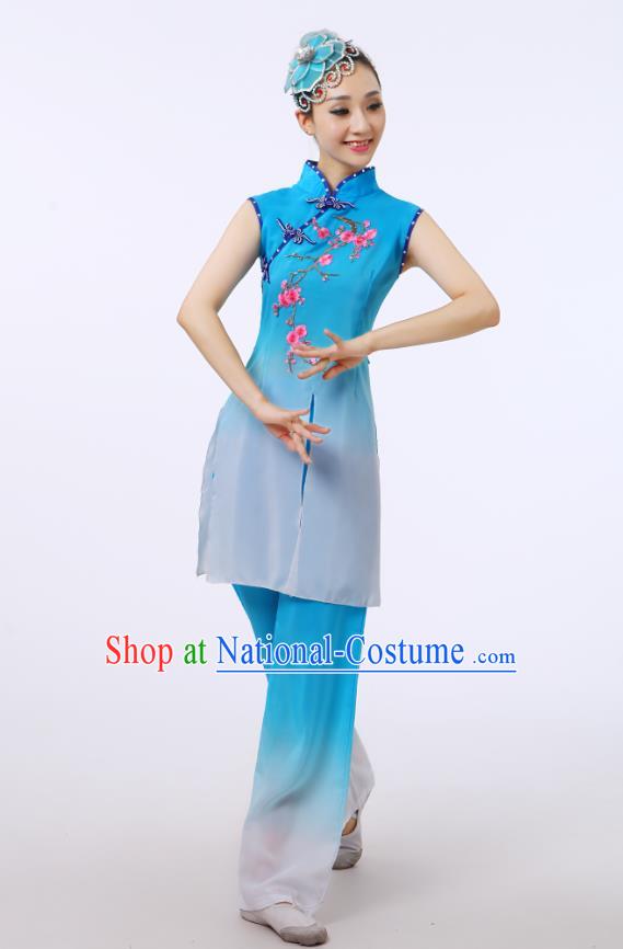 Traditional Chinese Folk Dance Costume Yangge Dance Blue Uniform, Chinese Classical Fan Dance Umbrella Dance Yangko Embroidery Cheongsam Clothing for Women