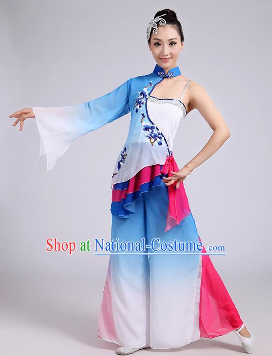 Traditional Chinese Folk Dance Costume Yangge Dance Uniform, Chinese Classical Fan Dance Umbrella Dance Yangko Embroidery Blue Clothing for Women