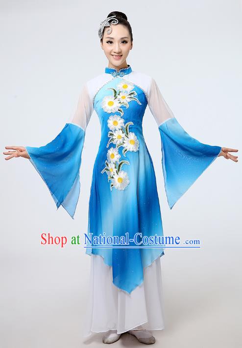 Traditional Chinese Folk Dance Costume Yangge Dance Uniform, Chinese Classical Fan Dance Umbrella Dance Yangko Printing Blue Clothing for Women