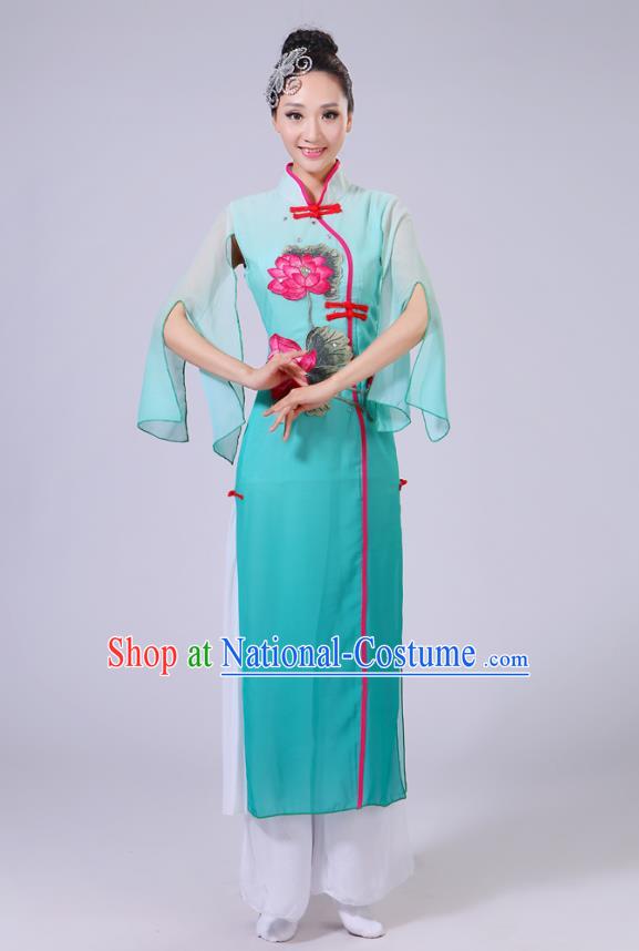 Traditional Chinese Folk Dance Costume Yangge Dance Printing Lotus Peacock Green Uniform, Chinese Classical Fan Dance Umbrella Dance Yangko Clothing for Women