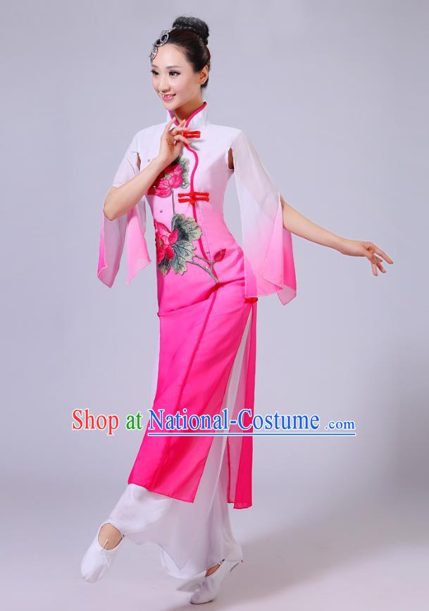 Traditional Chinese Folk Dance Costume Yangge Dance Printing Lotus Pink Uniform, Chinese Classical Fan Dance Umbrella Dance Yangko Clothing for Women