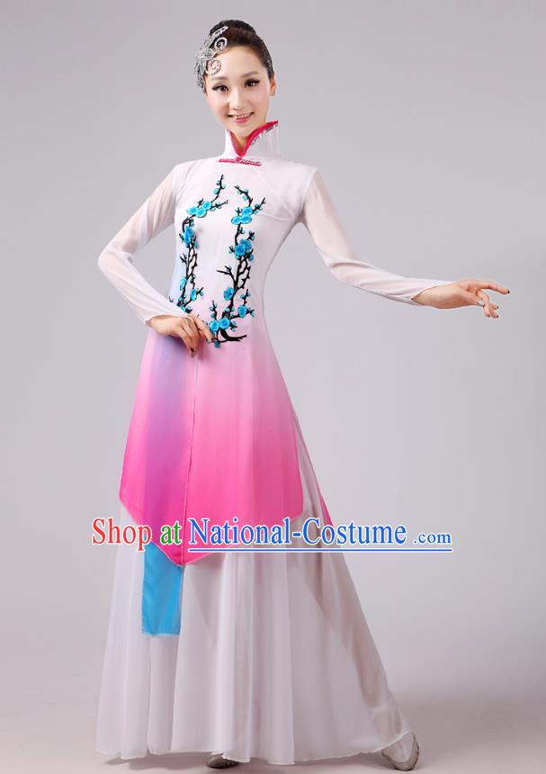 Traditional Chinese Folk Dance Costume Yangge Dance Embroidery Plum Blossom Uniform, Chinese Classical Fan Dance Umbrella Dance Yangko Pink Clothing for Women