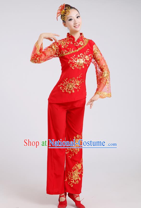 Traditional Chinese Folk Dance Costume Yangge Dance Red Uniform, Chinese Classical Fan Dance Drum Dance Yangko Clothing for Women