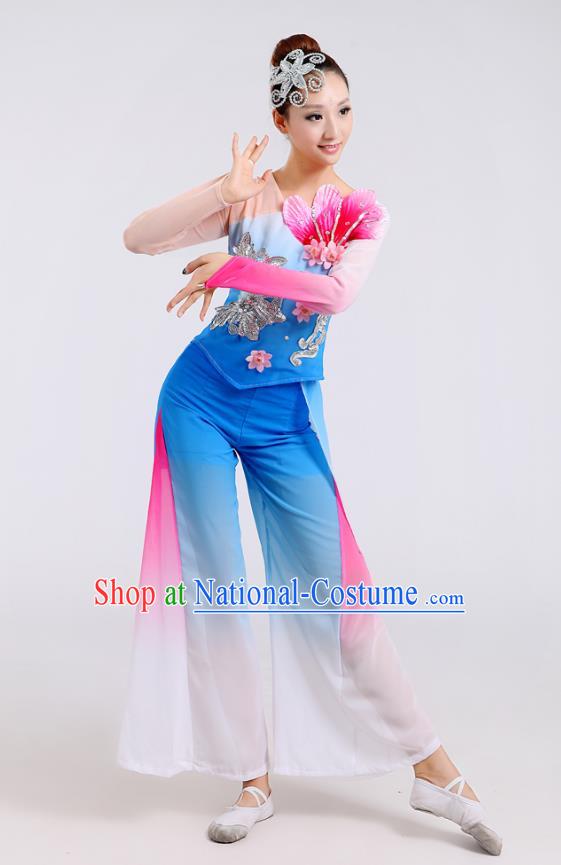 Traditional Chinese Folk Dance Costume Yangge Dance Blue Jasmine Flower Uniform, Chinese Classical Fan Dance Drum Dance Yangko Clothing for Women