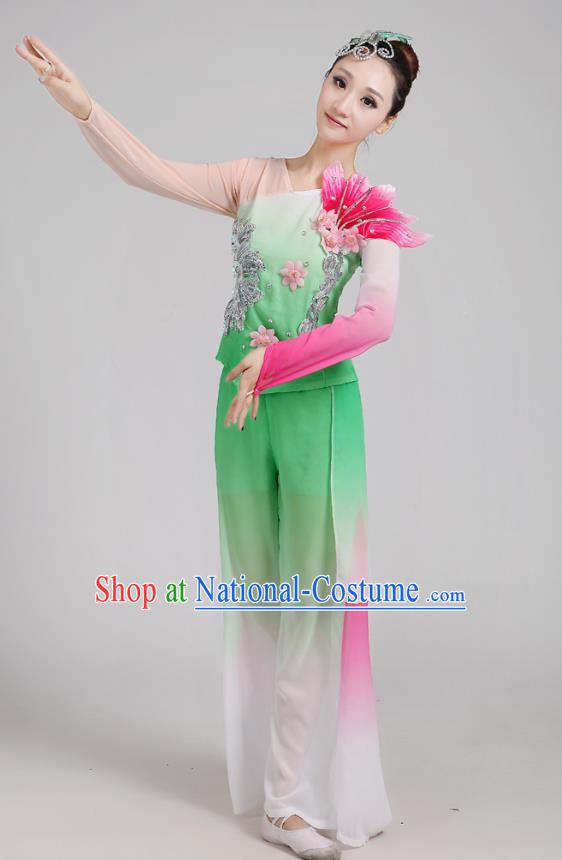 Traditional Chinese Folk Dance Costume Yangge Dance Green Jasmine Flower Uniform, Chinese Classical Fan Dance Drum Dance Yangko Clothing for Women