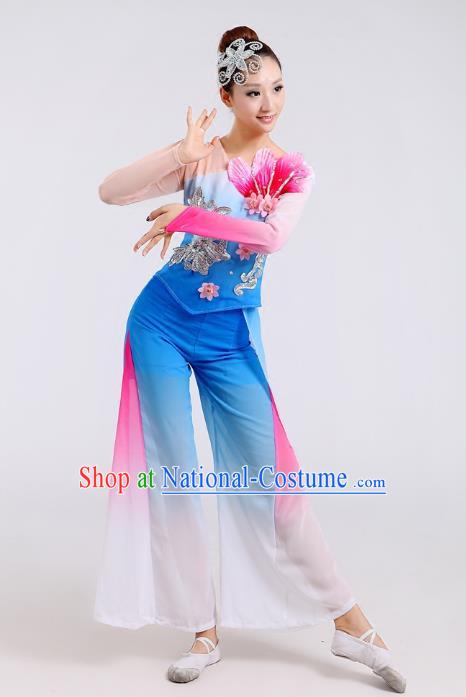 Traditional Chinese Folk Dance Costume Yangge Dance Blue Uniform, Chinese Classical Fan Dance Waist Drum Dance Yangko Clothing for Women