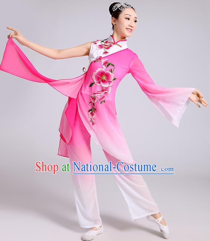 Traditional Chinese Classical Dance Yangge Fan Dance Costume, Chinese Classical Umbrella Dance Pink Uniform Yangko Embroidery Clothing for Women