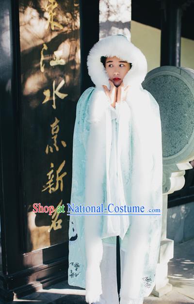 Traditional Chinese Hanfu Han Dynasty Costume Princess Cloak, Elegant Hanfu Clothing Chinese Ancient Palace Lady Embroidery Crane Green Mantle