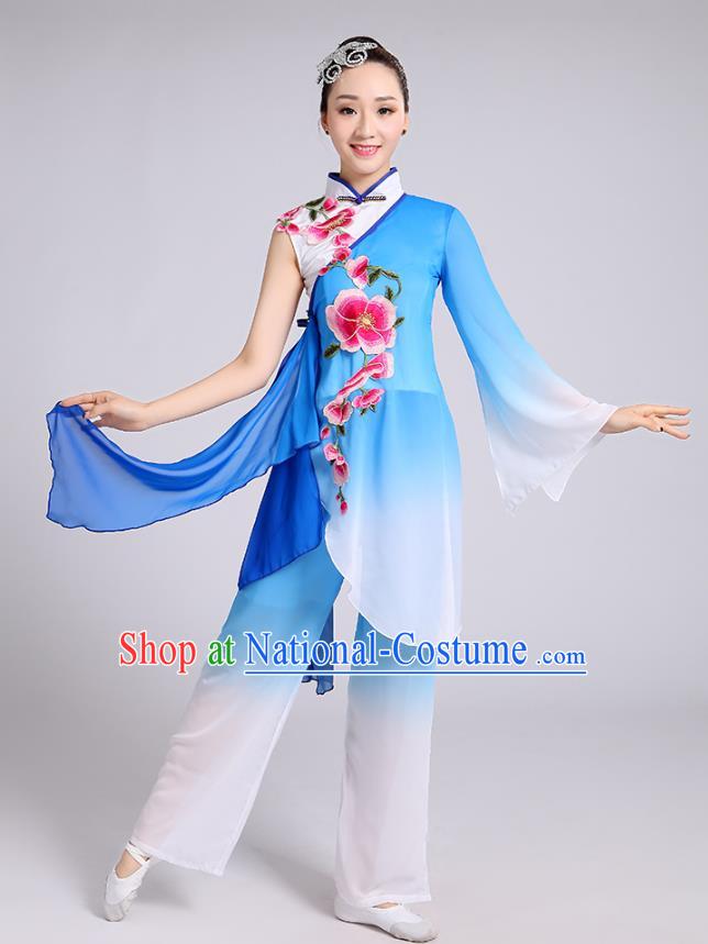 Traditional Chinese Classical Dance Yangge Fan Dance Costume, Chinese Classical Umbrella Dance Blue Uniform Yangko Embroidery Clothing for Women