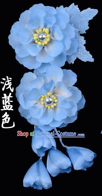 Traditional Beijing Opera Diva Hair Accessories Blue Silk Flowers Hairpins, Ancient Chinese Peking Opera Hua Tan Hair Stick Headwear