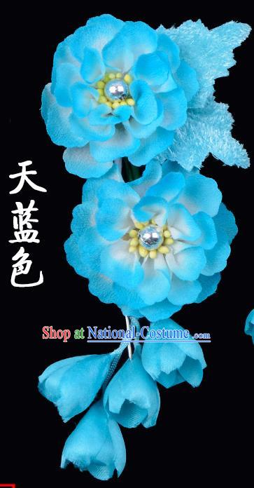 Traditional Beijing Opera Diva Hair Accessories Sky Blue Silk Flowers Hairpins, Ancient Chinese Peking Opera Hua Tan Hair Stick Headwear