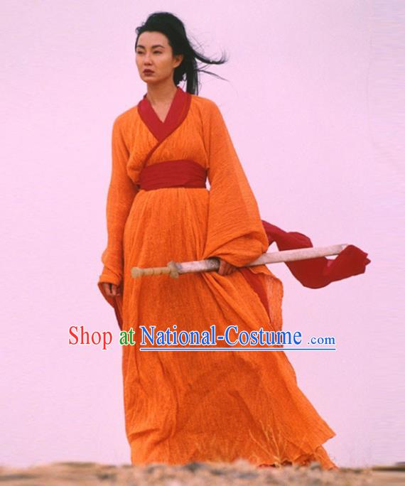 Traditional Chinese Ancient Female Swordsman Costume, Chinese Qin Dynasty Kawaler Hanfu Orange Dress Clothing for Women