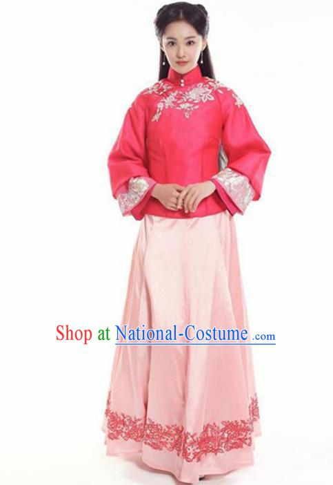 Traditional Chinese Ancient Nobility Lady Costume Rosy Blouse and Pink Skirt, Elegant Hanfu Clothing Chinese Republic of China Young Lady Embroidery Cheongsam Clothing