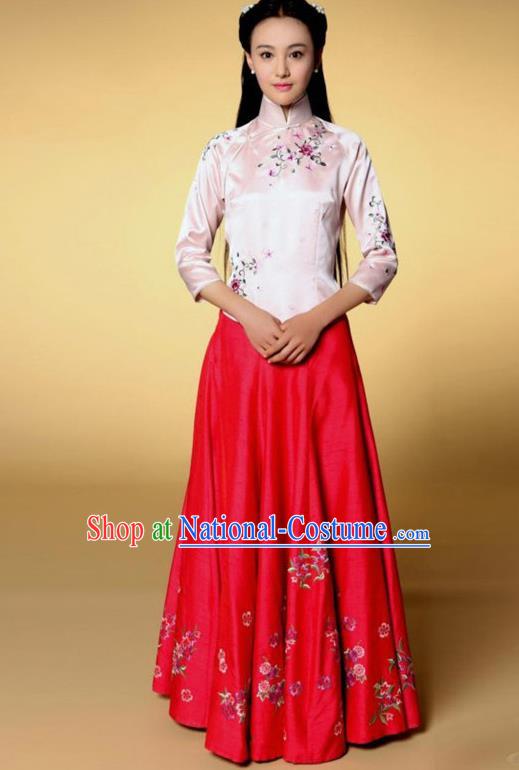 Traditional Chinese Ancient Nobility Lady Costume Pink Blouse and Red Skirt, Elegant Hanfu Clothing Chinese Republic of China Young Lady Embroidery Cheongsam Clothing