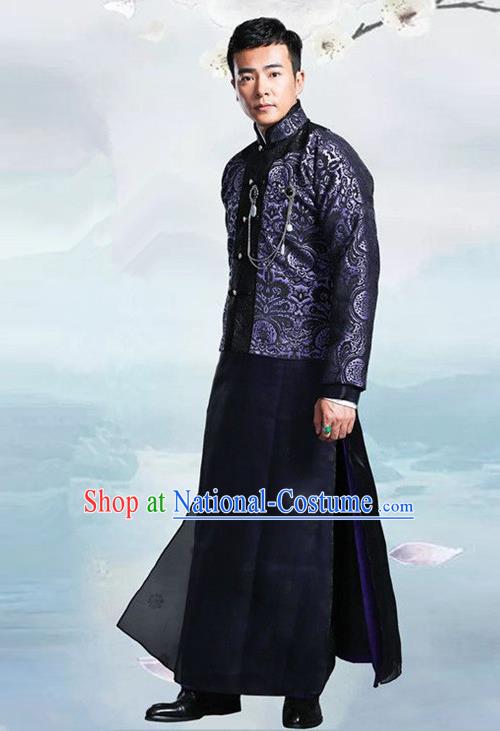 Traditional Chinese Nobility Childe Costume Navy Mandarin Jacket and Long Robe, Chinese Republic of China Young Master Embroidery Clothing for Men