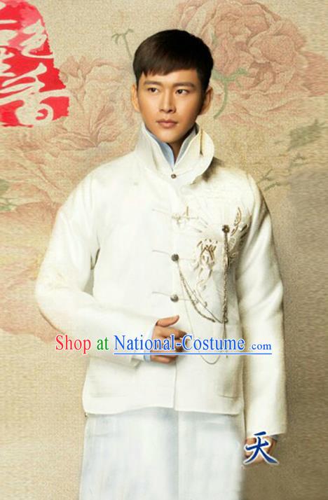 Traditional Chinese Nobility Childe Costume Mandarin Jacket and White Long Robe, Chinese Republic of China Young Master Embroidery Clothing for Men