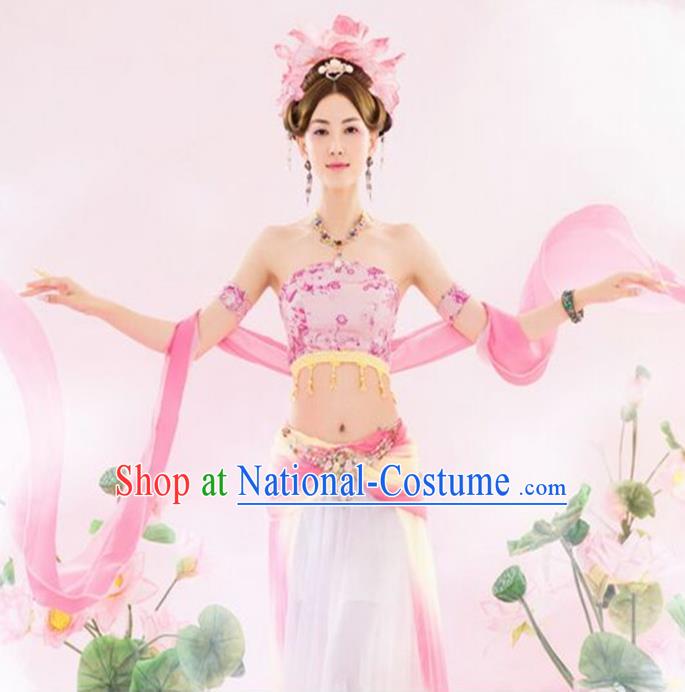 Traditional Ancient Chinese Dunhuang Flying Apsaras Dance Pink Costume, Elegant Hanfu Clothing Chinese Palace Lady Fairy Clothing for Women