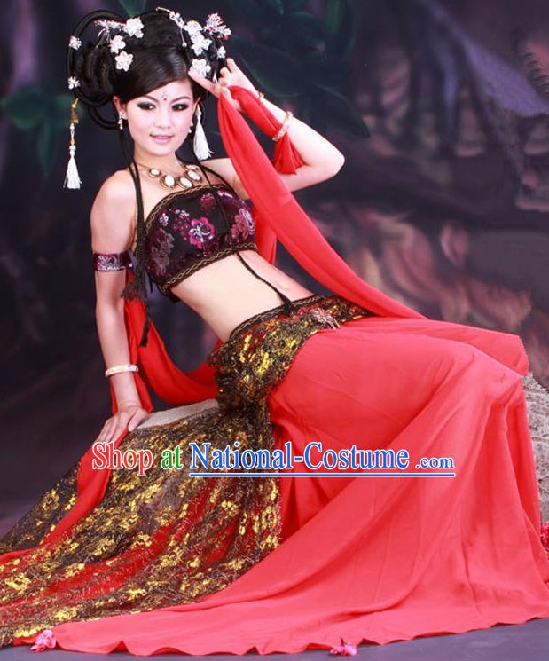 Traditional Ancient Chinese Dunhuang Flying Apsaras Dance Red Costume, Elegant Hanfu Clothing Chinese Palace Lady Fairy Clothing for Women