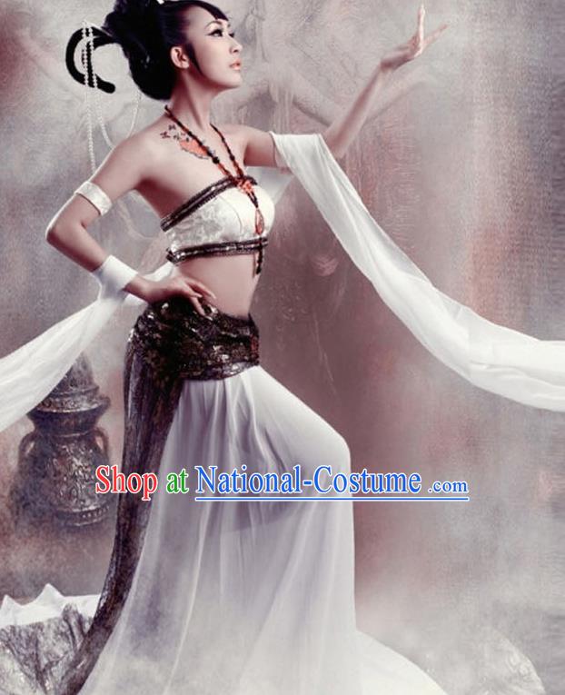 Traditional Ancient Chinese Dunhuang Flying Apsaras Dance White Costume, Elegant Hanfu Clothing Chinese Palace Lady Fairy Clothing for Women