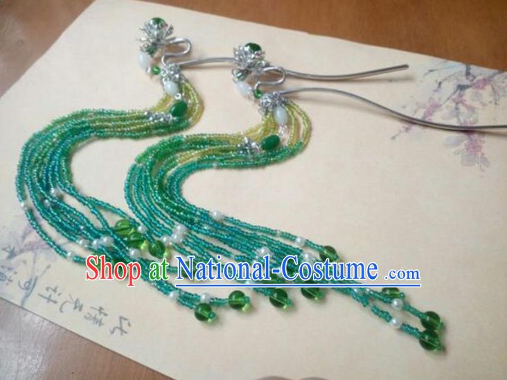 Traditional Chinese Ancient Classical Handmade Hair Accessories Barrettes Princess Green Palace Tassel Hairpin, Hanfu Step Shake Hair Fascinators Hairpins for Women