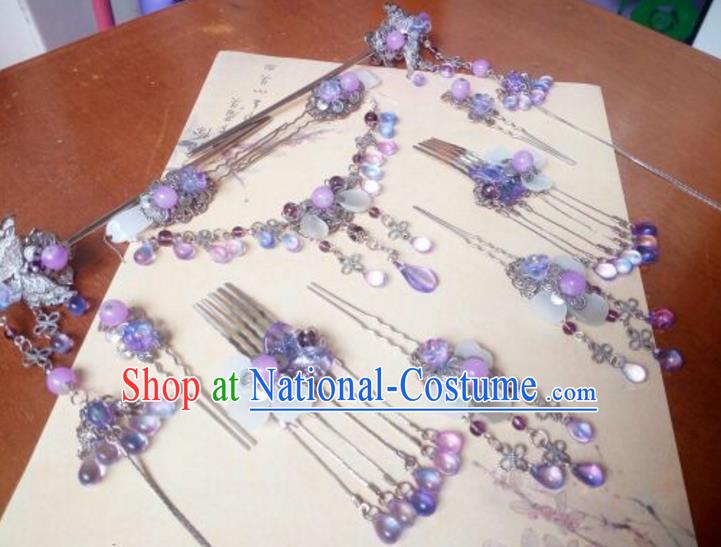 Traditional Chinese Ancient Classical Handmade Hair Accessories Complete Set Princess Purple Grass Tassel Hair Comb, Hanfu Step Shake Hair Fascinators Hairpins for Women