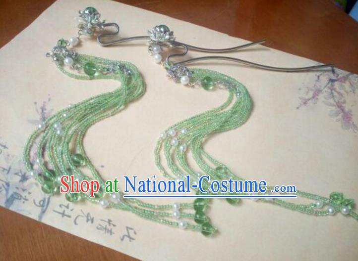 Traditional Chinese Ancient Classical Handmade Hair Accessories Green Beads Tassel Hairpin, Hanfu Hair Stick Hair Fascinators Hairpins for Women