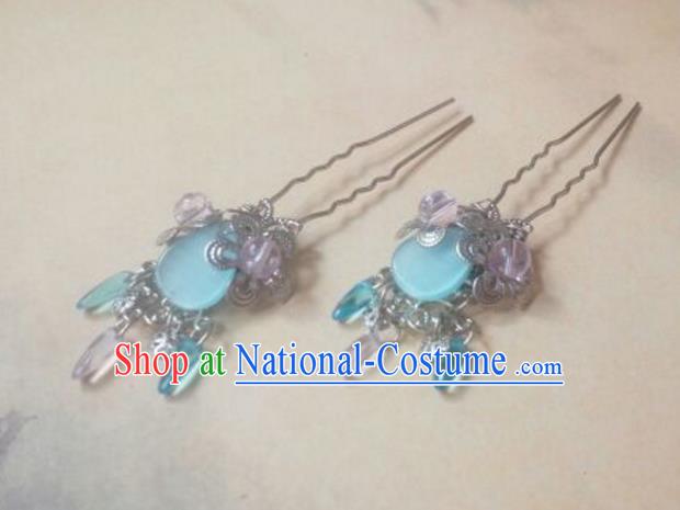 Traditional Chinese Ancient Classical Handmade Hair Accessories Blue Hairpin, Hanfu Hair Stick Hair Fascinators Hairpins for Women